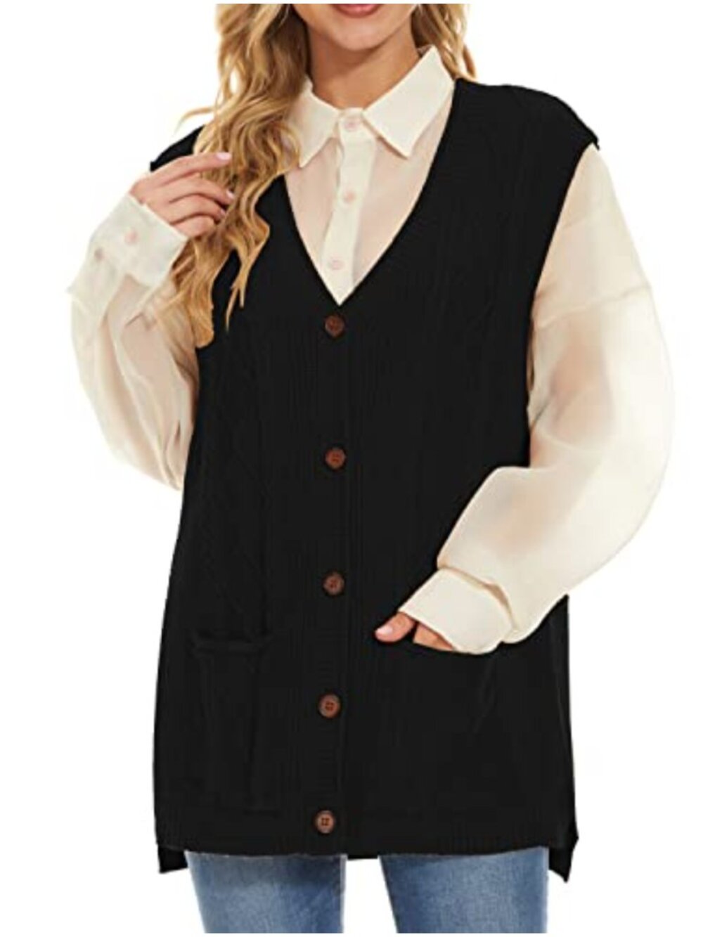 Women's Long Cable Knit Sweater Vest V-Neck Sleeveless Loose Tunic Top